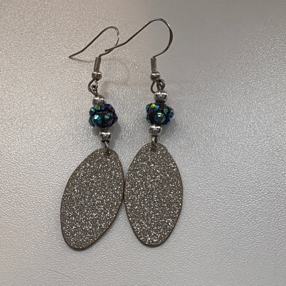 Silver Glitter Drop Earrings with Iridescent Accent Beads - Women Jewelry